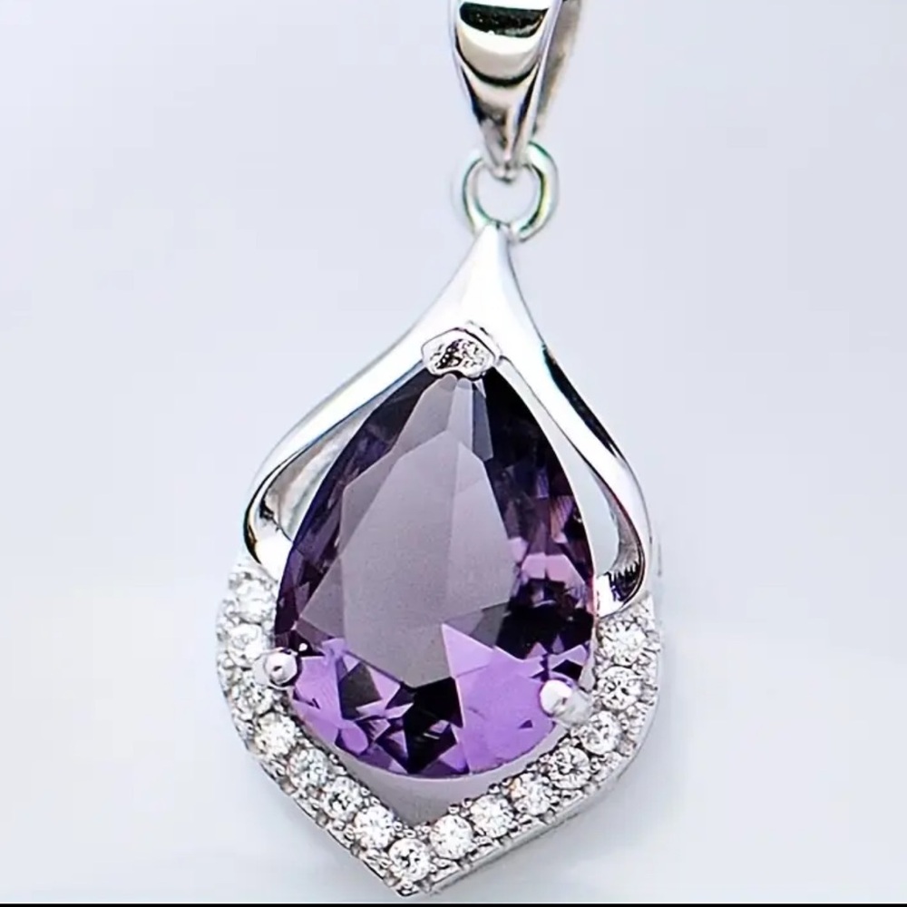 NWOT - Elegant Silver Necklace with Purple Teardrop Pendant